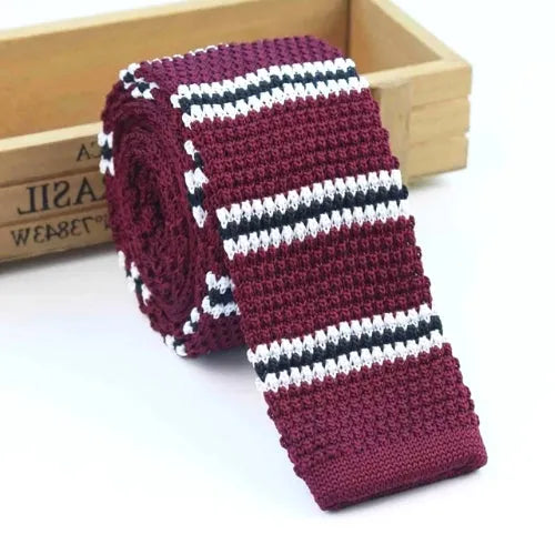 Wine Red Striped Knit Tie for Classy Men