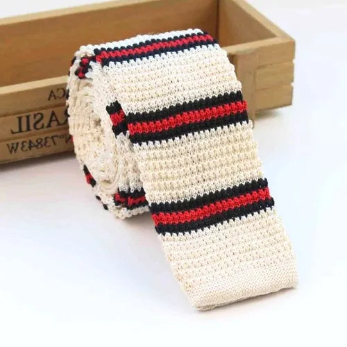 Square Knit Tie for Men Classy White with Stripes