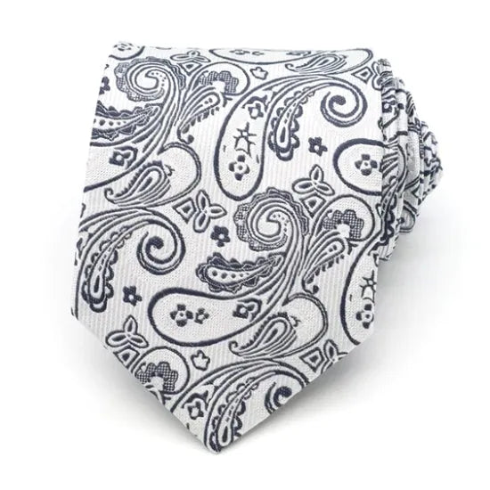White Silver Paisley Silk Tie for Classy Men - Elegant Accessory for Any Occasion