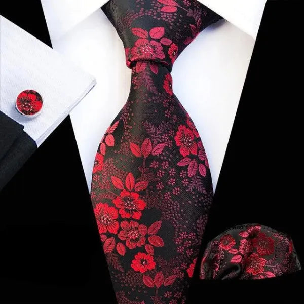 Red and Black Floral Silk Tie for Classy Men