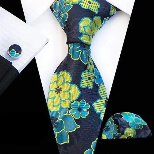 Floral Silk Tie for Men in Yellow and Blue Classy Accessory for Any Occasion