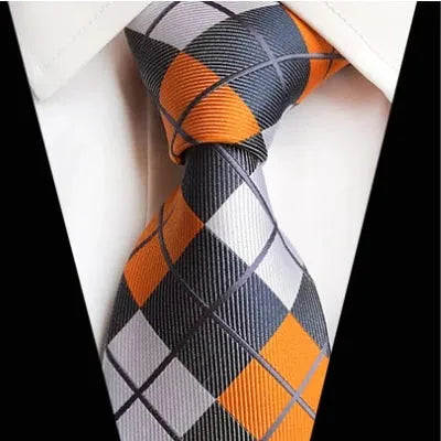 Classic Silk Tie for Men - Orange and Grey Check Pattern