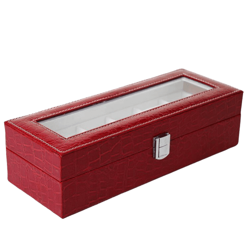 Elegant Red Leather Watch Box for Women with 6 Slots