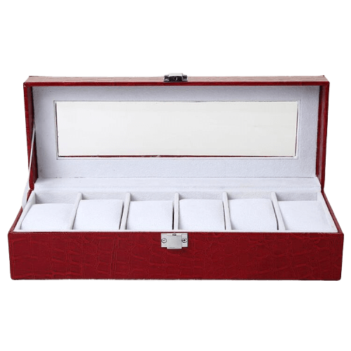 Sophisticated Red Leather Watch Storage Case for Women with 6 Slots