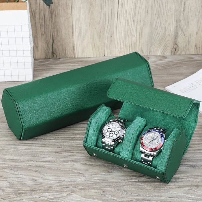 Green watch organizer with hexagonal design for 3 watches