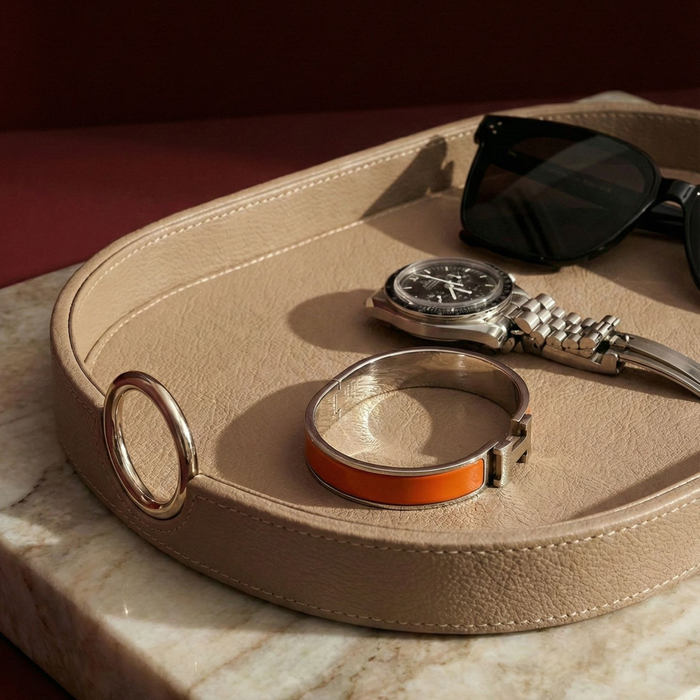 Saddle Leather Oval Amenity Tray with Stainless Steel Handles