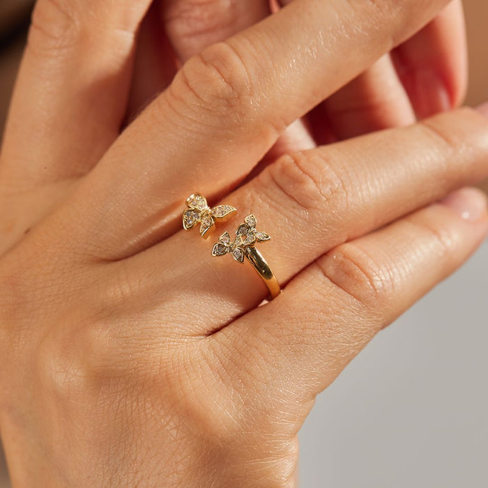 Diamond Studded Triple Butterfly Adjustable Ring