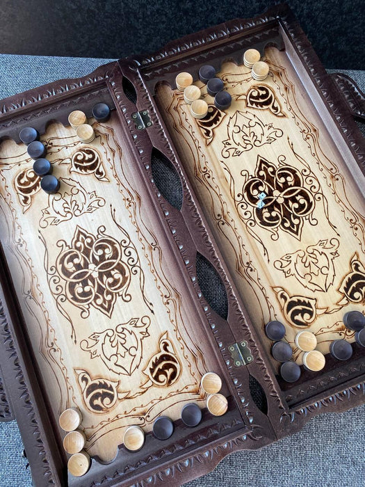 Wooden Backgammon Decorated With Hand Carving, 60×30×9 cm