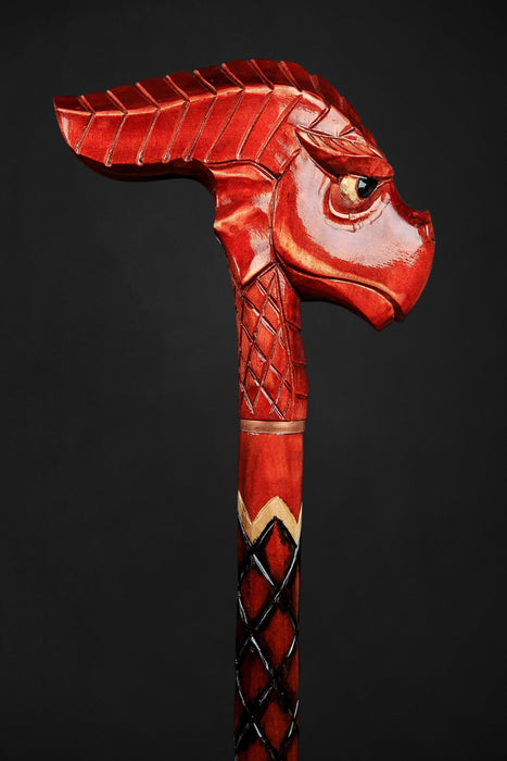 Red Wooden Dragon Head Walking Stick, Hand Carved - Hand Painting