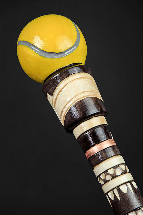 Tennis Ball Walking Cane Hand Carved, Sport Theme - Artynov | Unique Handmade Accessories