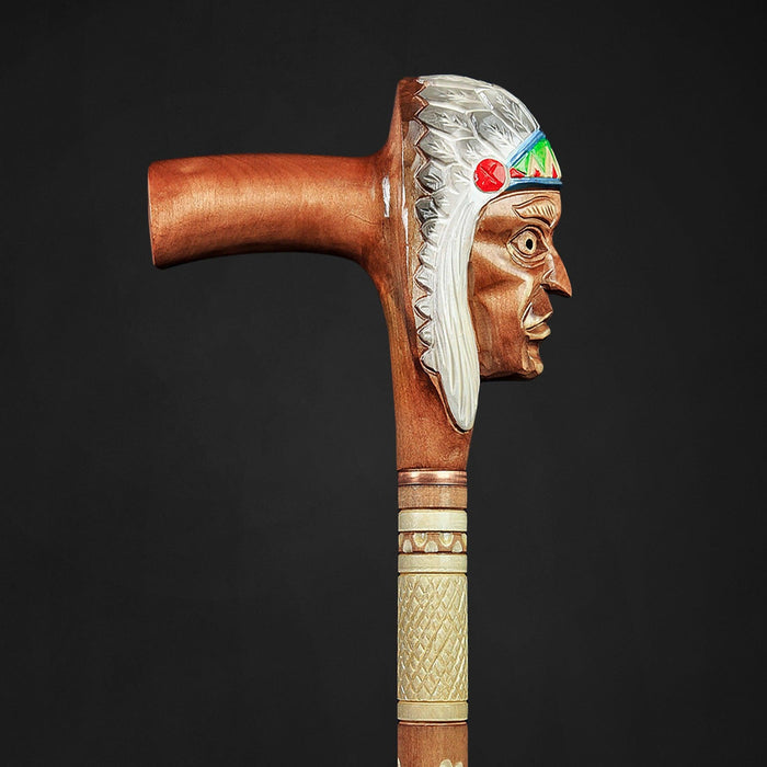 Native American Indian Walking Stick, Indian Chief Head Carved Cane