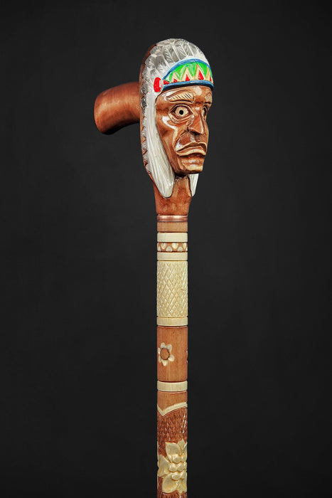 Native American Indian Walking Stick, Indian Chief Head Carved Cane