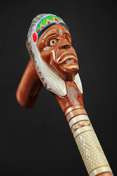 Native American Indian Walking Stick, Indian Chief Head Carved Cane