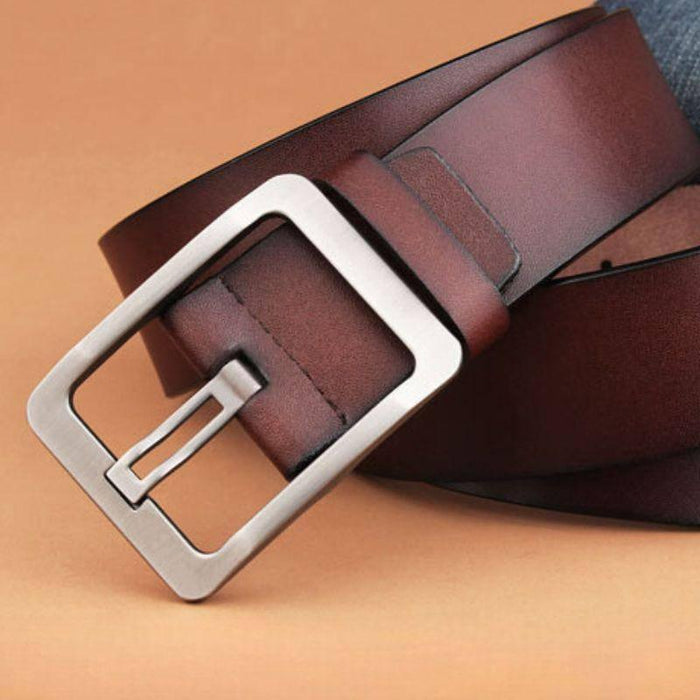 Leather Belt With Openwork Pin Buckle For Men, Laurel Model