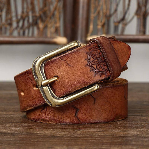 Leather Belt With Compass Inlay, For Men, Amit Model