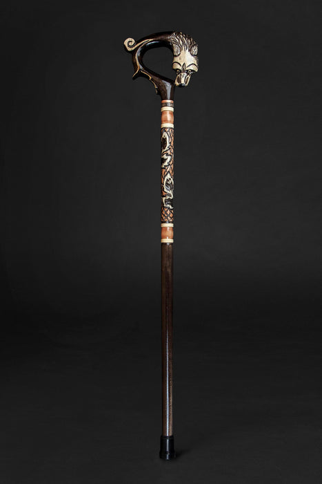 Hand-Carved Wooden Wolf Cane with Hand-Painted Accents, Handmade