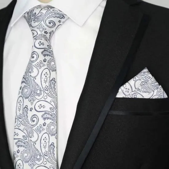 White Silver Paisley Silk Tie for Classy Men - Elegant Accessory for Any Occasion